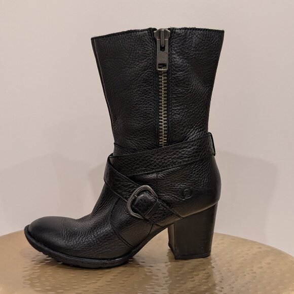 Born Heeled Low-Calf Moto Black Leather Boots - Women's sz 7 - Picture 1 of 12